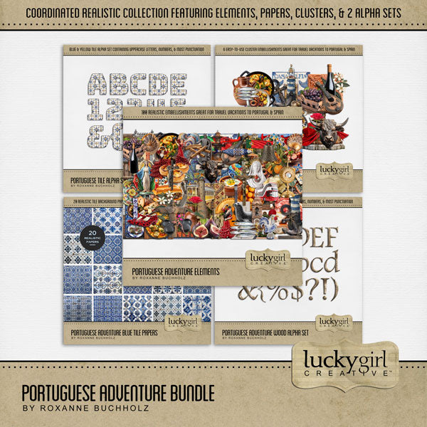 Adventure and explore through Portugal with these beautiful and realistic embellishments, papers, clusters, and alpha sets by Lucky Girl Creative digital art for digital scrapbooking. Whether you have taken a holiday to Portugal, Spain, or walked the Camino de Santiago trail, this collection will authentically accent your photos of Western Europe. Great for exploring Lisbon, Porto, Vila Nova de Gaia, Braga, Amadora, and Coimbra. Embellishments include airplane, flag of Portugal, seal, bull, arch, gothic