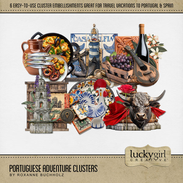 Adventure and explore through Portugal with these beautiful, easy-to-use grouped cluster embellishments by Lucky Girl Creative digital art for digital scrapbooking. Whether you have taken a holiday to Portugal, Spain, or walked the Camino de Santiago trail, this collection will authentically accent your photos of Western Europe. Great for exploring Lisbon, Porto, Vila Nova de Gaia, Braga, Amadora, and Coimbra. This kit is included in the Portuguese Adventure Bundle.