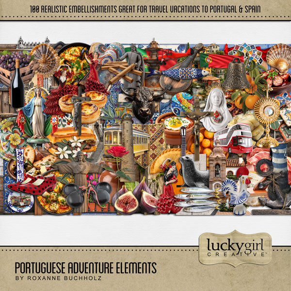 Adventure and explore through Portugal with these beautiful and realistic embellishments by Lucky Girl Creative digital art for digital scrapbooking. Whether you have taken a holiday to Portugal, Spain, or walked the Camino de Santiago trail, this collection will authentically accent your photos of Western Europe. Great for exploring Lisbon, Porto, Vila Nova de Gaia, Braga, Amadora, and Coimbra. Embellishments include airplane, flag of Portugal, seal, bull, arch, gothic architecture, Belem Tower, Lisbon