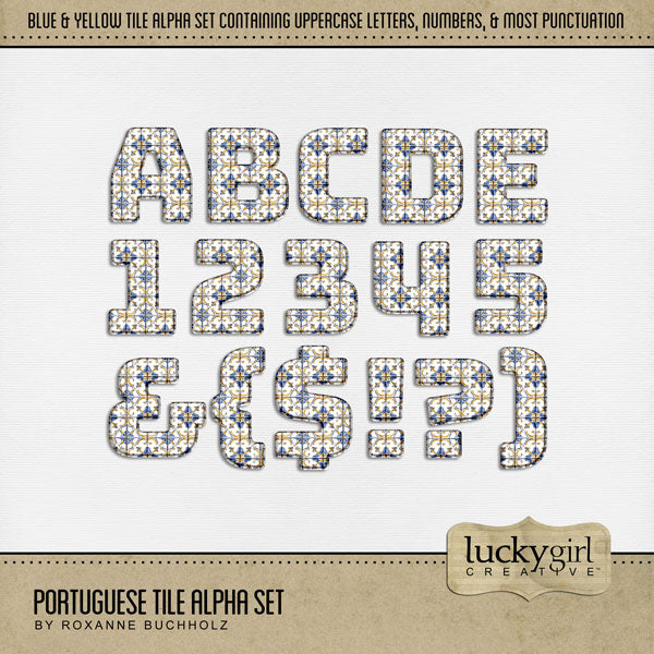 Adventure and explore through Portugal with these beautiful blue tiled alphabet letters, numbers, and punctuation by Lucky Girl Creative digital art for digital scrapbooking. Whether you have taken a holiday to Portugal, Spain, or walked the Camino de Santiago trail, this collection will authentically accent your photos of Western Europe. Great for exploring Lisbon, Porto, Vila Nova de Gaia, Braga, Amadora, and Coimbra.