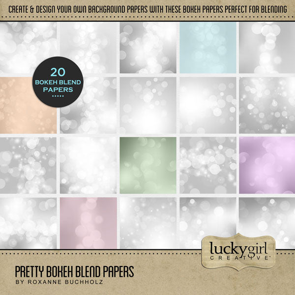 Perfect for any occasion or theme, this beautiful bokeh blend digital scrapbooking paper pack by Lucky Girl Creative digital art is great any digital scrapbooking page. Simply overlay these bokeh papers onto a background paper of your choice and apply a blend layer to create unique background. Use over and over again for various looks.