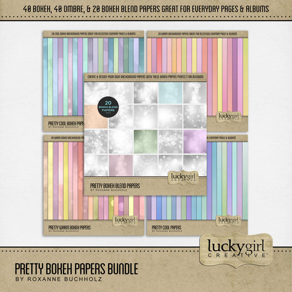 Perfect for spring, summer, and everyday pages, this pretty ombre and bokeh digital scrapbooking paper bundle in warm hues of pink, purple, peach, and yellow and cool hues of blue, green, and purple by Lucky Girl Creative digital art is great for any occasion or theme.