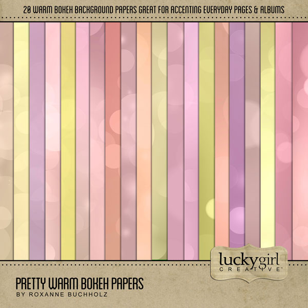Perfect for spring, summer, and everyday pages, this beautiful ombre bokeh digital scrapbooking paper pack by Lucky Girl Creative digital art in hues of pink, purple, peach, and yellow is great for any occasion or theme.