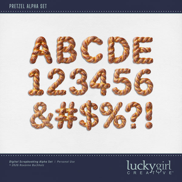 Adventure and explore through Germany with these realistic pretzel alphabet, number, and punctuation marks by Lucky Girl Creative digital art great for adding unique page titles to your digital scrapbooking pages. The alpha set consists of a full set of digital art uppercase alphabet letters A-Z, numbers 0-9, and most punctuation marks. This alpha set is available as individual embellishments only. This kit is included in the German Adventure Bundle.