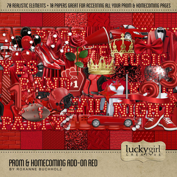 Have fun recalling the memories of your high school prom and homecoming with these realistic digital scrapbooking embellishments by Lucky Girl Creative digital art. Great for school dances, prom, HOCO, football games, parties, and homecoming celebrations, too! If your school colors include blue, pair this collection with the Prom & Homecoming Bundle, and you'll be ready to show off your school spirit! 