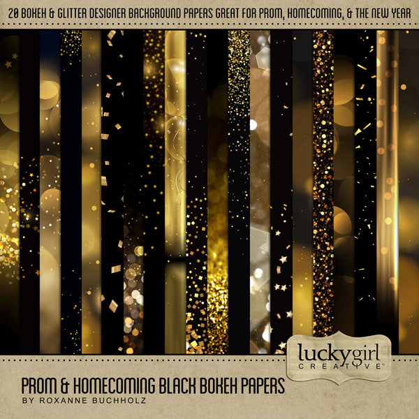 Have fun reliving your favorite party memories with these digital scrapbooking background papers by Lucky Girl Creative digital art designed with black and gold bokeh lights. Great for school dances, birthday parties, prom, theater shows, music concerts, homecoming, and even New Year's Eve celebrations! The Prom & Homecoming Black Bokeh Papers is included in the Prom & Homecoming Bundle.