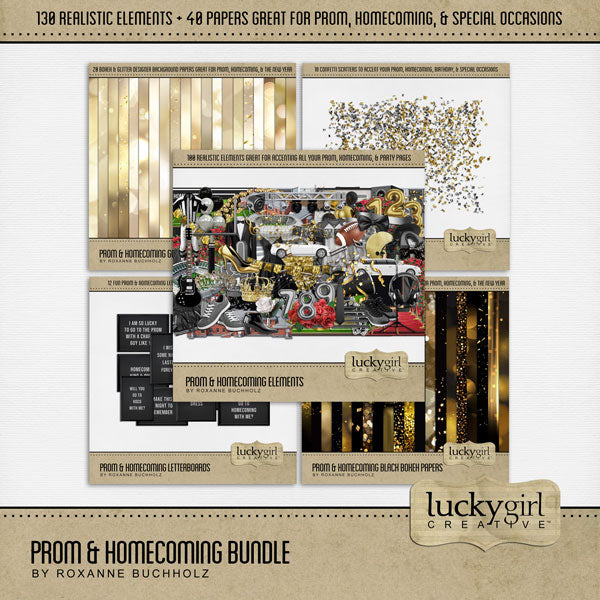 Have fun recalling the memories of your high school prom and homecoming with these realistic digital scrapbooking embellishments, papers, confetti scatters, and letterboard word art by Lucky Girl Creative digital art. Great for school dances, prom, HOCO, football games, and homecoming celebrations, too! Embellishments include balloon arch, balloon, banners, buntings, ribbon, bow, megaphone, pom pom, and cheer.