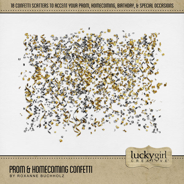 Have fun recalling the memories of your high school prom and homecoming with these digital scrapbooking gold and silver confetti scatter embellishments by Lucky Girl Creative digital art. Great for school dances, birthday parties, anniversary, wedding, and New Year's Eve celebrations, too! Scatters are created from glitter, confetti, and party streamers. 