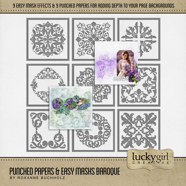 Add cool visual effects to your digital page backgrounds with these unique punched papers and easy masks by Lucky Girl Creative digital art for digital scrapbooking. With 'punched' papers, the pattern effect is 'punched out' leaving a transparent hole and allowing the background to show through. Or choose to use the Easy Mask (in Photoshop, use a Clipping Mask to fill the shape) to create one-of-a-kind looks in an instant creating effects that can be subtle or bold! 