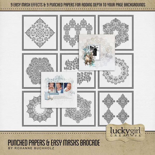 Add cool visual effects to your digital page backgrounds with these unique punched papers and easy masks by Lucky Girl Creative digital art for digital scrapbooking. With 'punched' papers, the pattern effect is 'punched out' leaving a transparent hole and allowing the background to show through. Or choose to use the Easy Mask (in Photoshop, use a Clipping Mask to fill the shape) to create one-of-a-kind looks in an instant creating effects that can be subtle or bold! 