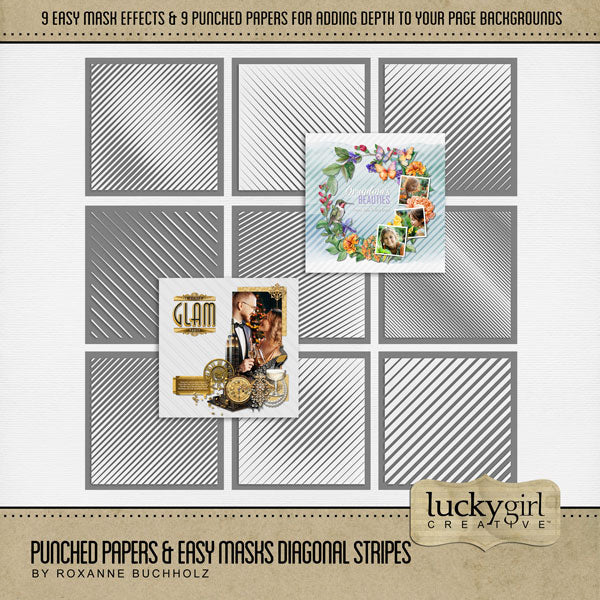 Add cool visual effects to your digital page backgrounds with these unique punched papers and easy masks by Lucky Girl Creative digital art for digital scrapbooking. With 'punched' papers, the pattern effect is 'punched out' leaving a transparent hole and allowing the background to show through. Or choose to use the Easy Mask (in Photoshop, use a Clipping Mask to fill the shape) to create one-of-a-kind looks in an instant creating effects that can be subtle or bold! 