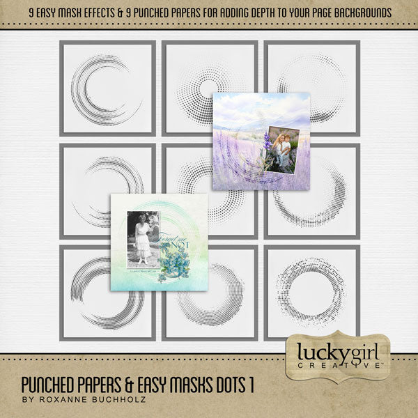 Add cool visual effects to your digital page backgrounds with these unique punched papers and easy masks by Lucky Girl Creative digital art for digital scrapbooking. With 'punched' papers, the pattern effect is 'punched out' leaving a transparent hole and allowing the background to show through. Or choose to use the Easy Mask (in Photoshop, use a Clipping Mask to fill the shape) to create one-of-a-kind looks in an instant creating effects that can be subtle or bold! 