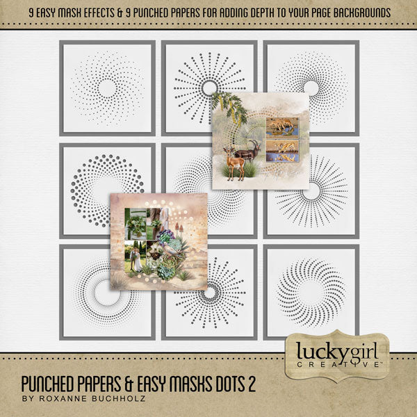 Add cool visual effects to your digital page backgrounds with these unique punched papers and easy masks by Lucky Girl Creative digital art for digital scrapbooking. With 'punched' papers, the pattern effect is 'punched out' leaving a transparent hole and allowing the background to show through. Or choose to use the Easy Mask (in Photoshop, use a Clipping Mask to fill the shape) to create one-of-a-kind looks in an instant creating effects that can be subtle or bold! 