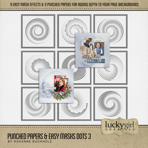 Add cool visual effects to your digital page backgrounds with these unique punched papers and easy masks by Lucky Girl Creative digital art for digital scrapbooking. With 'punched' papers, the pattern effect is 'punched out' leaving a transparent hole and allowing the background to show through. Or choose to use the Easy Mask (in Photoshop, use a Clipping Mask to fill the shape) to create one-of-a-kind looks in an instant creating effects that can be subtle or bold! 