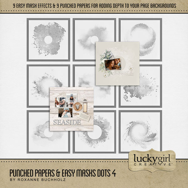 Add cool visual effects to your digital page backgrounds with these unique punched papers and easy masks by Lucky Girl Creative digital art for digital scrapbooking. With 'punched' papers, the pattern effect is 'punched out' leaving a transparent hole and allowing the background to show through. Or choose to use the Easy Mask (in Photoshop, use a Clipping Mask to fill the shape) to create one-of-a-kind looks in an instant creating effects that can be subtle or bold! 