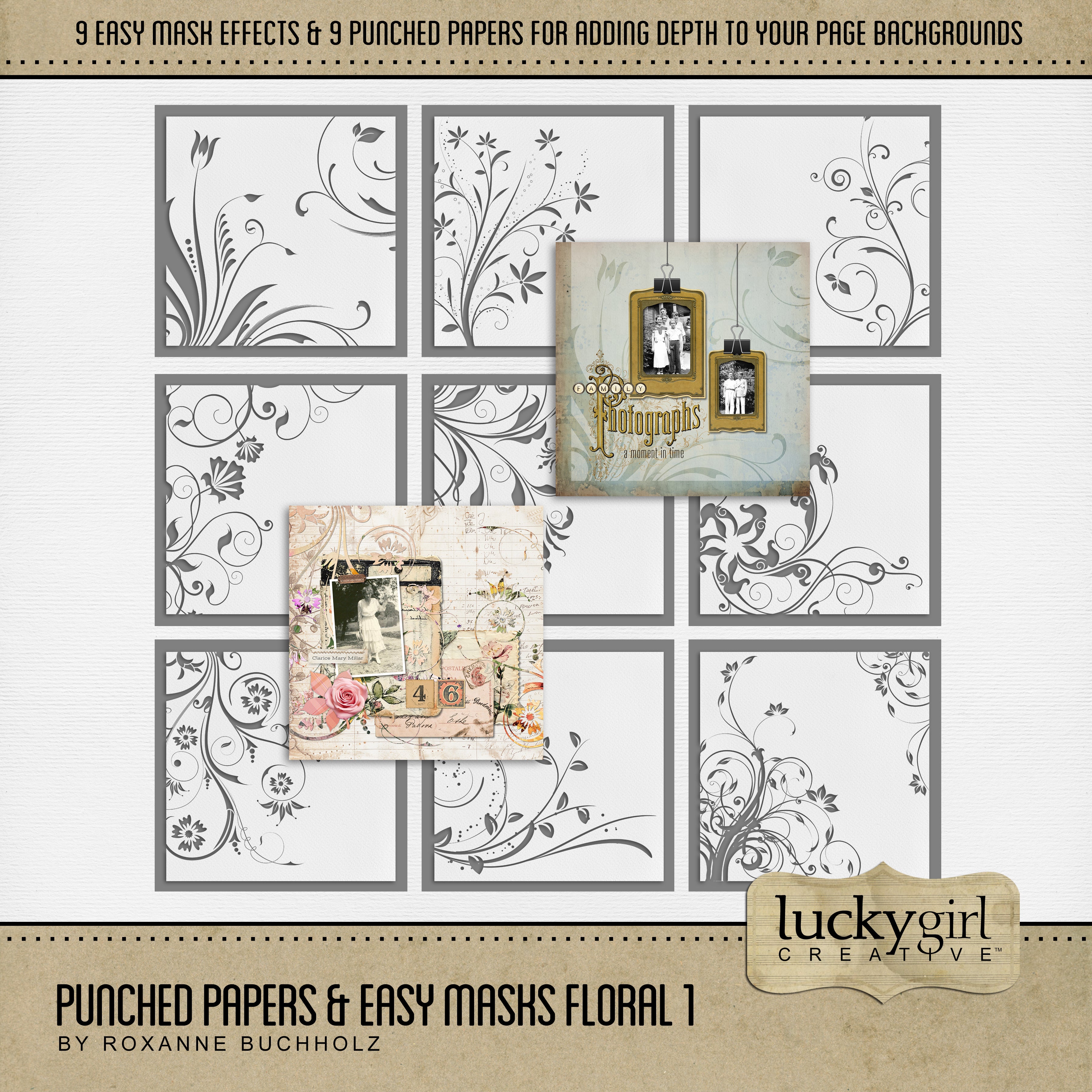 Add cool visual effects to your digital page backgrounds with these unique punched papers and easy masks by Lucky Girl Creative digital art for digital scrapbooking. With 'punched' papers, the pattern effect is 'punched out' leaving a transparent hole and allowing the background to show through. Or choose to use the Easy Mask (in Photoshop, use a Clipping Mask to fill the shape) to create one-of-a-kind looks in an instant creating effects that can be subtle or bold! 