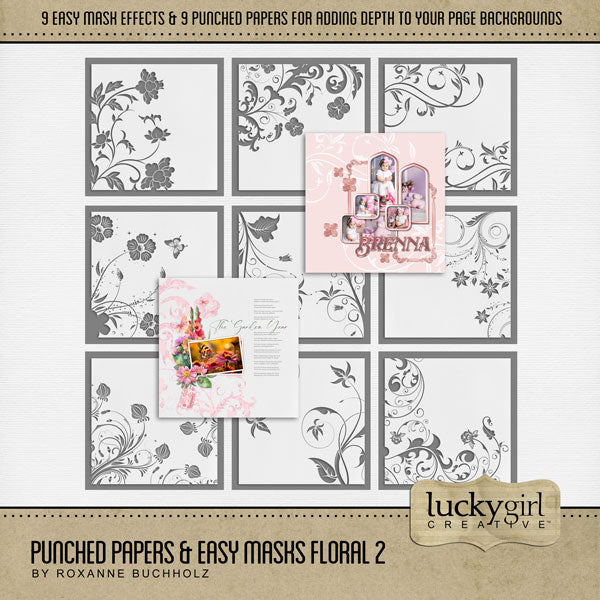 Add cool visual effects to your digital page backgrounds with these unique punched papers and easy masks by Lucky Girl Creative digital art for digital scrapbooking. With 'punched' papers, the pattern effect is 'punched out' leaving a transparent hole and allowing the background to show through. Or choose to use the Easy Mask (in Photoshop, use a Clipping Mask to fill the shape) to create one-of-a-kind looks in an instant creating effects that can be subtle or bold! 