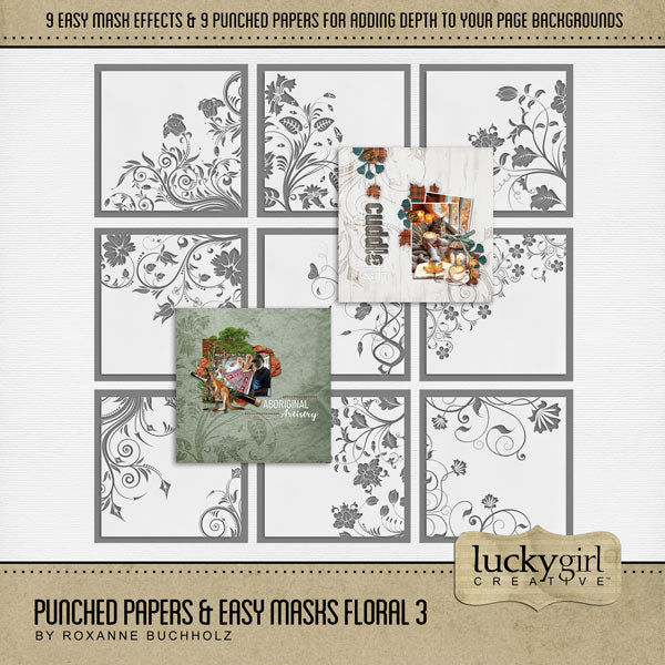 Add cool visual effects to your digital page backgrounds with these unique punched papers and easy masks by Lucky Girl Creative digital art for digital scrapbooking. With 'punched' papers, the pattern effect is 'punched out' leaving a transparent hole and allowing the background to show through. Or choose to use the Easy Mask (in Photoshop, use a Clipping Mask to fill the shape) to create one-of-a-kind looks in an instant creating effects that can be subtle or bold! 