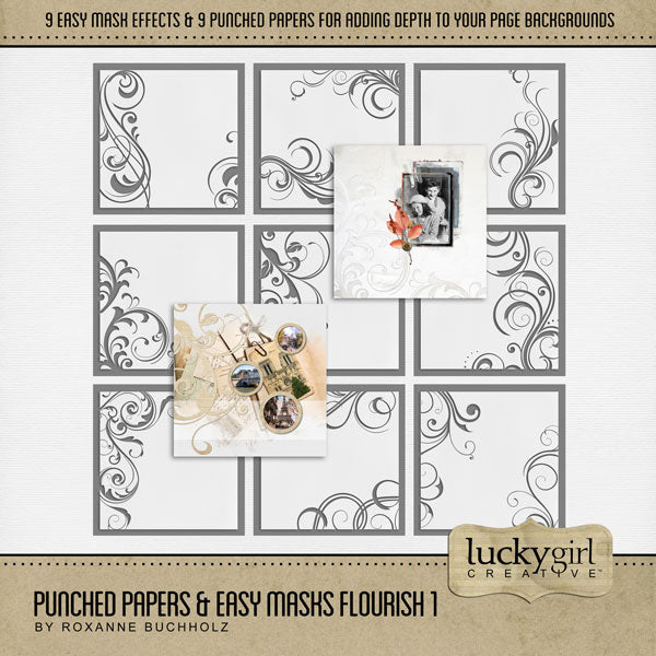 Add cool visual effects to your digital page backgrounds with these unique punched papers and easy masks by Lucky Girl Creative digital art for digital scrapbooking. With 'punched' papers, the pattern effect is 'punched out' leaving a transparent hole and allowing the background to show through. Or choose to use the Easy Mask (in Photoshop, use a Clipping Mask to fill the shape) to create one-of-a-kind looks in an instant creating effects that can be subtle or bold! 