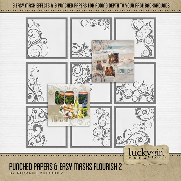Add cool visual effects to your digital page backgrounds with these unique punched papers and easy masks by Lucky Girl Creative digital art for digital scrapbooking. With 'punched' papers, the pattern effect is 'punched out' leaving a transparent hole and allowing the background to show through. Or choose to use the Easy Mask (in Photoshop, use a Clipping Mask to fill the shape) to create one-of-a-kind looks in an instant creating effects that can be subtle or bold! 