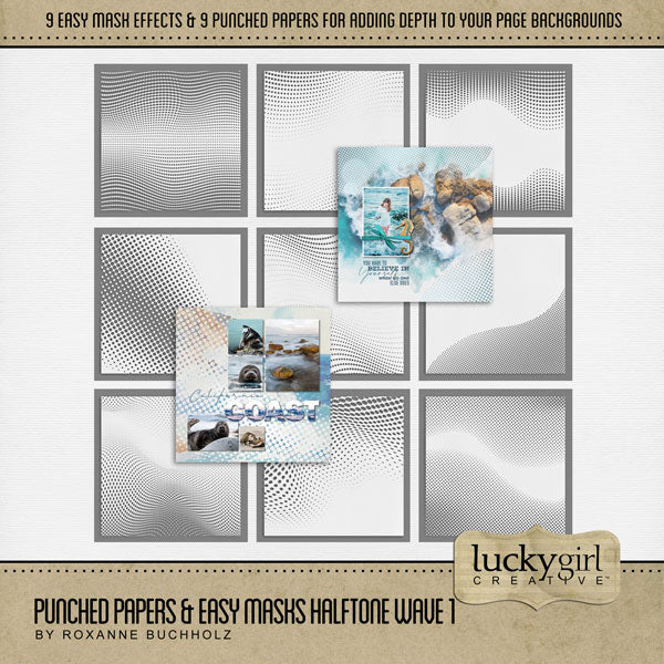 Add cool visual effects to your digital page backgrounds with these unique punched papers and easy masks by Lucky Girl Creative digital art for digital scrapbooking. With 'punched' papers, the pattern effect is 'punched out' leaving a transparent hole and allowing the background to show through. Or choose to use the Easy Mask (in Photoshop, use a Clipping Mask to fill the shape) to create one-of-a-kind looks in an instant creating effects that can be subtle or bold! 