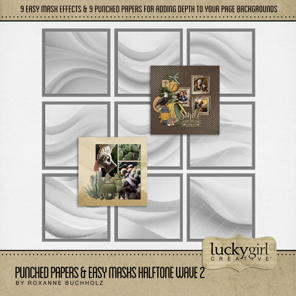 Add cool visual effects to your digital page backgrounds with these unique punched papers and easy masks by Lucky Girl Creative digital art for digital scrapbooking. With 'punched' papers, the pattern effect is 'punched out' leaving a transparent hole and allowing the background to show through. Or choose to use the Easy Mask (in Photoshop, use a Clipping Mask to fill the shape) to create one-of-a-kind looks in an instant creating effects that can be subtle or bold! 