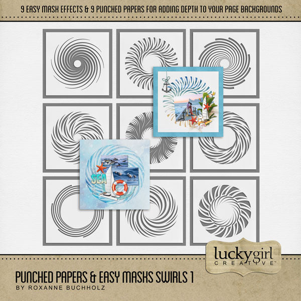Add cool visual effects to your digital page backgrounds with these unique punched papers and easy masks by Lucky Girl Creative digital art for digital scrapbooking. With 'punched' papers, the pattern effect is 'punched out' leaving a transparent hole and allowing the background to show through. Or choose to use the Easy Mask (in Photoshop, use a Clipping Mask to fill the shape) to create one-of-a-kind looks in an instant creating effects that can be subtle or bold! 