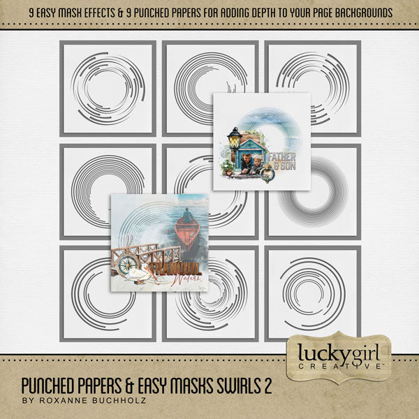 Add cool visual effects to your digital page backgrounds with these unique punched papers and easy masks by Lucky Girl Creative digital art for digital scrapbooking. With 'punched' papers, the pattern effect is 'punched out' leaving a transparent hole and allowing the background to show through. Or choose to use the Easy Mask (in Photoshop, use a Clipping Mask to fill the shape) to create one-of-a-kind looks in an instant creating effects that can be subtle or bold! 