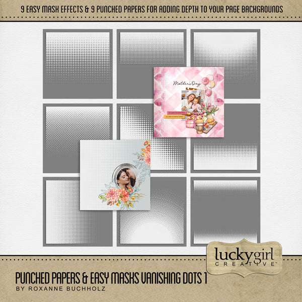 Add cool visual effects to your digital page backgrounds with these unique punched papers and easy masks by Lucky Girl Creative digital art for digital scrapbooking. With 'punched' papers, the pattern effect is 'punched out' leaving a transparent hole and allowing the background to show through. Or choose to use the Easy Mask (in Photoshop, use a Clipping Mask to fill the shape) to create one-of-a-kind looks in an instant creating effects that can be subtle or bold! 