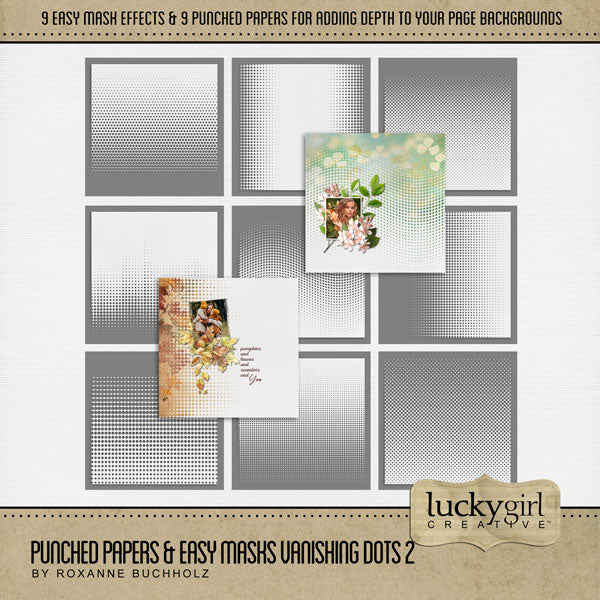 Add cool visual effects to your digital page backgrounds with these unique punched papers and easy masks by Lucky Girl Creative digital art for digital scrapbooking. With 'punched' papers, the pattern effect is 'punched out' leaving a transparent hole and allowing the background to show through. Or choose to use the Easy Mask (in Photoshop, use a Clipping Mask to fill the shape) to create one-of-a-kind looks in an instant creating effects that can be subtle or bold! 