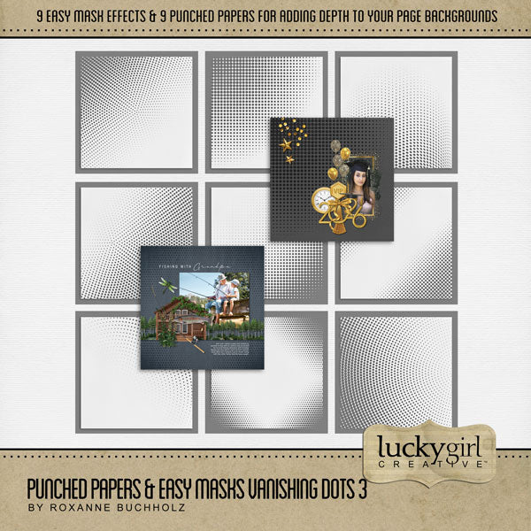 Add cool visual effects to your digital page backgrounds with these unique punched papers and easy masks by Lucky Girl Creative digital art for digital scrapbooking. With 'punched' papers, the pattern effect is 'punched out' leaving a transparent hole and allowing the background to show through. Or choose to use the Easy Mask (in Photoshop, use a Clipping Mask to fill the shape) to create one-of-a-kind looks in an instant creating effects that can be subtle or bold! 