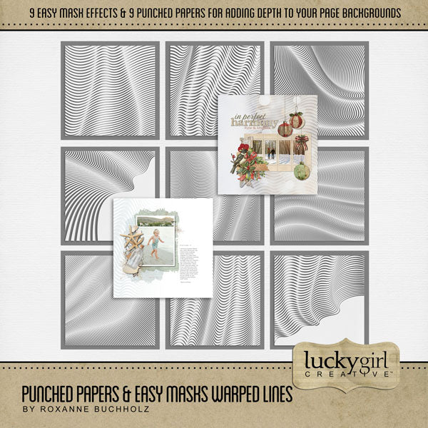 Add cool visual effects to your digital page backgrounds with these unique punched papers and easy masks by Lucky Girl Creative digital art for digital scrapbooking. With 'punched' papers, the pattern effect is 'punched out' leaving a transparent hole and allowing the background to show through. Or choose to use the Easy Mask (in Photoshop, use a Clipping Mask to fill the shape) to create one-of-a-kind looks in an instant creating effects that can be subtle or bold! 