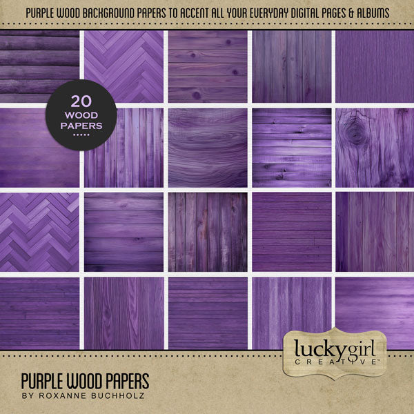 Accent your traditional seasonal pages with these purple wood grain papers by Lucky Girl Creative digital art for digital scrapbooking. Great for summer, spring, floral, and everyday pages, too! This kit is included in the Summer Season Papers Bundle.