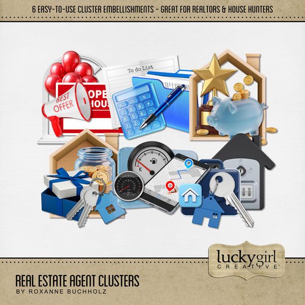It's time to sell your home! Let's get going with a real estate agent to guide you through the buying and selling of your house. Great for real estate agents, realtors, brokers, lenders, finance teams, and home buyers and sellers! These easy-to-use clusters by Lucky Girl Creative digital art include lock box, key, file, calculator, pen, open house sign, balloons, present, gift, money, fuel gauge, GPS, award, and piggy bank.