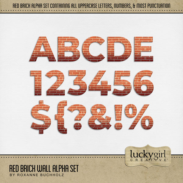 These red brick alphabet, number, and punctuation mark digital scrapbooking embellishments are easy to use for everyday digital scrapbook page titles. Great for home renovation, building a new house, downtown, travel, vacation, and garden. The Red Brick Wall Alpha Set consists of a full set of digital art uppercase alphabet letters A-Z, numbers 0-9, and most punctuation marks. This alpha set is available as individual embellishments only. This kit is included in the House Building Materials Alpha Bundle.