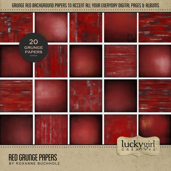 Accent your Christmas greeting cards and traditional seasonal pages with these red textured and grunge papers by Lucky Girl Creative Digital Art for Digital Scrapbooking. Great for Christmas, festive parties, holiday greeting cards, Valentine's Day, love, and more! This kit is included in the Christmas Season Papers Bundle.