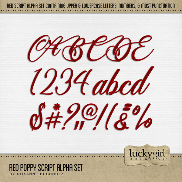 These beautiful script alphabet and number digital scrapbooking embellishments by Lucky Girl Creative digital art are easy to use for everyday digital scrapbook page titles. Use for documenting Remembrance Day, Valentine's Day, Wedding, Anniversary, love, and other special occasions. The Red Poppy Script Alpha Set consists of a full set of digital art uppercase alphabet letters A-Z, lowercase alphabet letters a-z, numbers 0-9, and most punctuation marks.