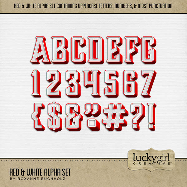 These red and white alphabet and number digital scrapbooking embellishments by Lucky Girl Creative digital art are easy to use for everyday digital scrapbook page titles and special occasions such as Christmas and Valentine's Day. The Red & White Alpha Set consists of a full set of digital art uppercase alphabet letters A-Z, numbers 0-9, and most punctuation marks. This alpha set is available as individual embellishments only. This kit is included in the Christmas Sweet Shop Bundle.