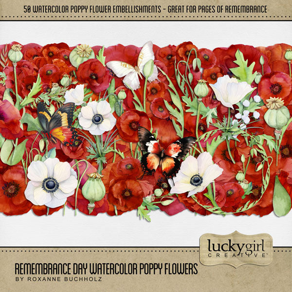 These beautiful watercolor poppy flower embellishments by Lucky Girl Creative digital art are perfect for documenting Remembrance Day, Veteran's Day, Memorial Day, Anzac Day, Armed Forces Day, and other tributes to soldiers and military family members. This digital scrapbooking kit is included in the Remembrance Day Watercolor Bundle.