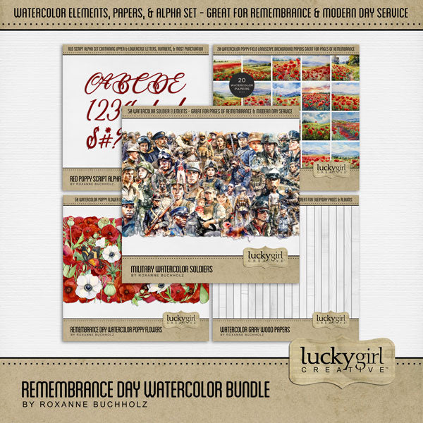 These watercolor embellishments, pretty papers, and alpha set by Lucky Girl Creative digital art are perfect for documenting Remembrance Day, Veteran's Day, Memorial Day, Anzac Day, Armed Forces Day, Revolutionary War, Civil War, and other tributes to soldiers and military family members. Includes all branches of the military including both men and women through the decades.
