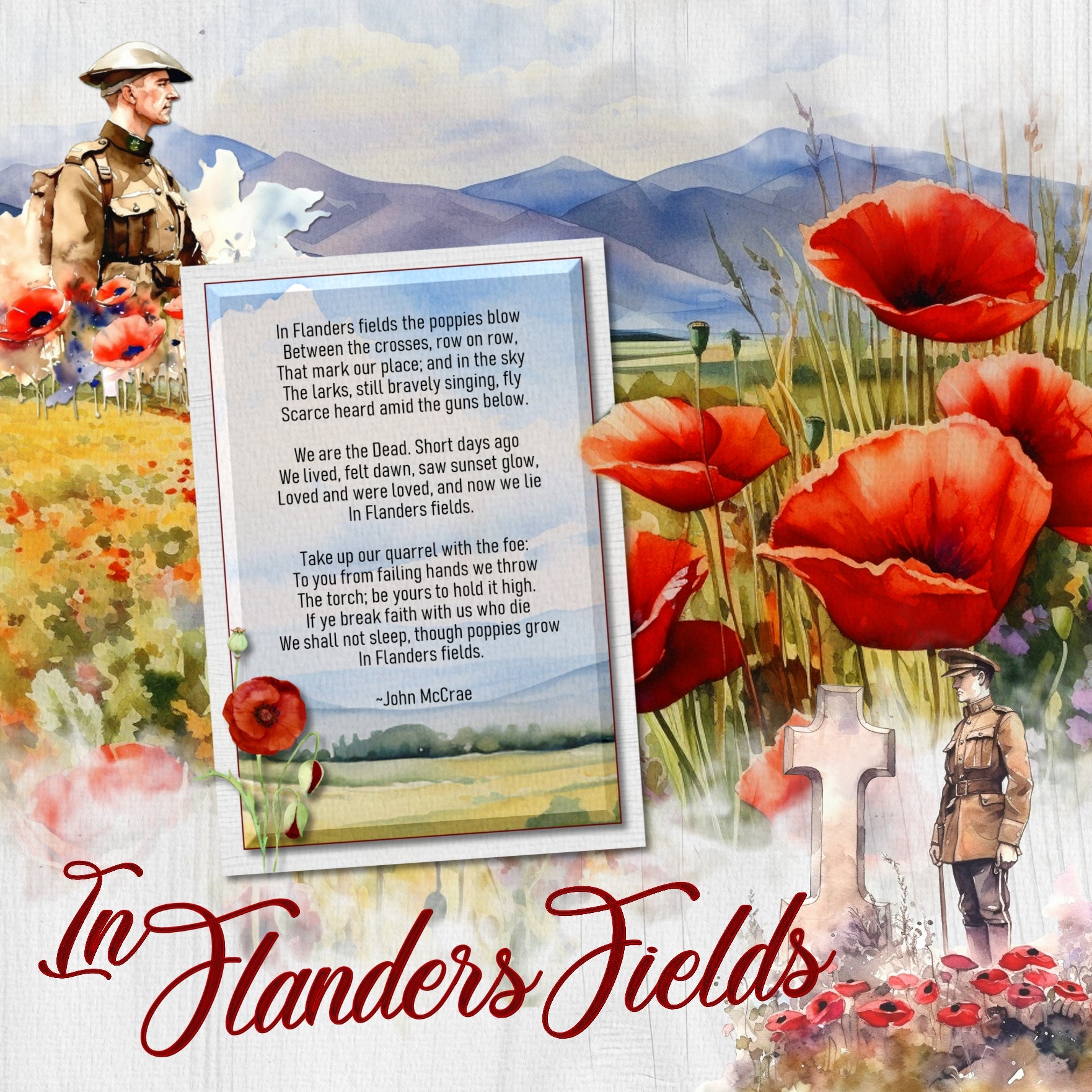 These watercolor embellishments, pretty papers, and alpha set by Lucky Girl Creative digital art are perfect for documenting Remembrance Day, Veteran's Day, Memorial Day, Anzac Day, Armed Forces Day, Revolutionary War, Civil War, and other tributes to soldiers and military family members. Includes all branches of the military including both men and women through the decades.