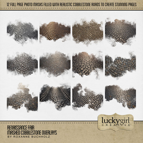 Great for genealogy and family history albums as well as Renaissance Fair or Medieval Faire Festival digital art pages, these beautiful vintage cobblestone road overlays with transparent edges by Lucky Girl Creative blend seamlessly into any background paper and make the perfect backdrop for authentic scrapbooking pages.