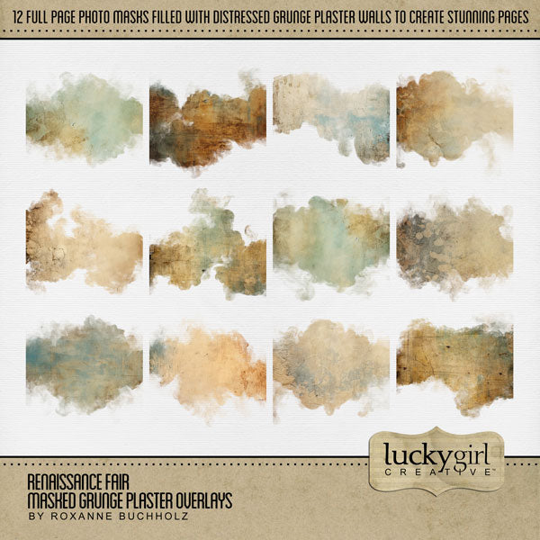 Great for genealogy and family history albums as well as Renaissance Fair or Medieval Faire Festival digital art pages, these beautiful vintage grunge plaster overlays with transparent edges by Lucky Girl Creative blend seamlessly into any background paper and make the perfect backdrop for authentic scrapbooking pages.