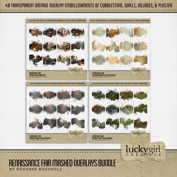 Great for genealogy and family history albums as well as Renaissance Fair or Medieval Faire Festival digital art pages, these beautiful vintage overlays with transparent edges by Lucky Girl Creative blend seamlessly into any background paper and make the perfect backdrop for authentic scrapbooking pages.