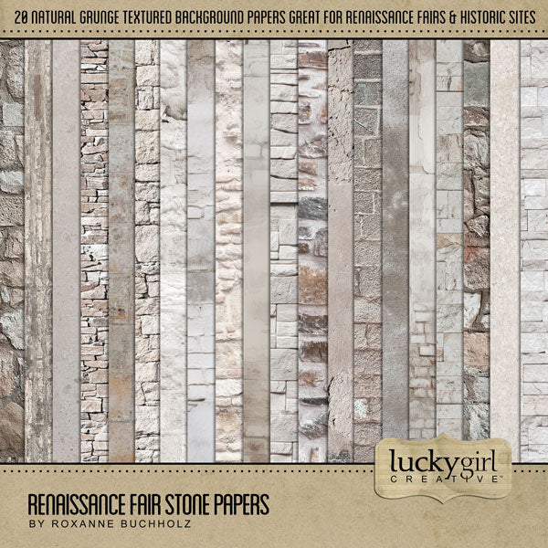 Great for genealogy and family history albums, Renaissance Fairs or Medieval Faire Festivals, and trips to Europe and other historic sites, these beautiful digital art stone papers by Lucky Girl Creative are the perfect backgrounds for your realistic digital scrapbooking pages.
