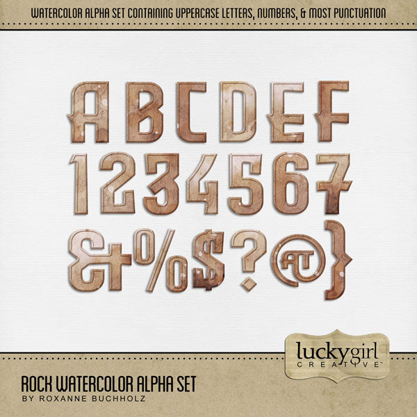 Create beautiful outdoor and nature page titles with these brown rock digital scrapbooking alphabet letters, numbers, and punctuation by Lucky Girl Creative digital art. Great for camping and travel pages! The Rock Watercolor Alpha Set consists of a full set of digital art uppercase letters A-Z, numbers 0-9, and most punctuation marks. This alpha set is available as individual embellishments only. This kit is included in the Alaska Watercolor Bundle.