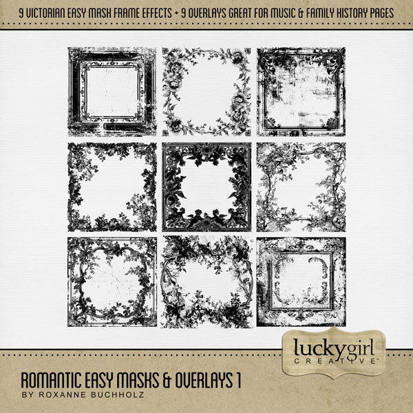 Love distressed romantic floral backgrounds? Now you can create your own with these Easy Mask Frame Effects and Overlay Embellishments by Lucky Girl Creative digital art for digital scrapbooking. Perfect for weddings, prom, classical music concerts, vintage, heritage, and family history pages. With 9 unique grunge floral textures, these romantic designs can be used as is, filled with paper, colorized, or used as Blend effects. Now you can design your own backgrounds! Make subtle or bold - the choice is your