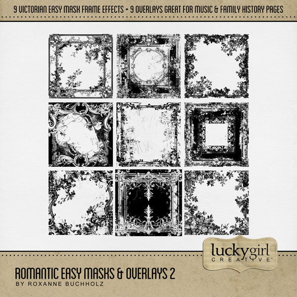 Love distressed romantic floral backgrounds? Now you can create your own with these Easy Mask Frame Effects and Overlay Embellishments by Lucky Girl Creative digital art for digital scrapbooking. Perfect for weddings, prom, classical music concerts, vintage, heritage, and family history pages. With 9 unique grunge floral textures, these romantic designs can be used as is, filled with paper, colorized, or used as Blend effects. Now you can design your own backgrounds! Make subtle or bold.