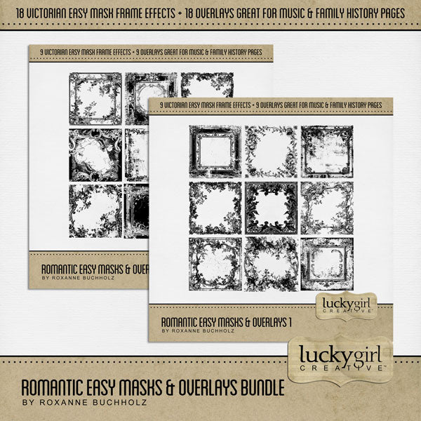Love distressed romantic floral backgrounds? Now you can create your own with these Easy Mask Frame Effects and Overlay Embellishments by Lucky Girl Creative digital art for digital scrapbooking. Perfect for weddings, prom, classical music concerts, vintage, heritage, and family history pages. With 18 unique grunge floral textures, these romantic designs can be used as is, filled with paper, colorized, or used as Blend effects. Now you can design your own backgrounds! 