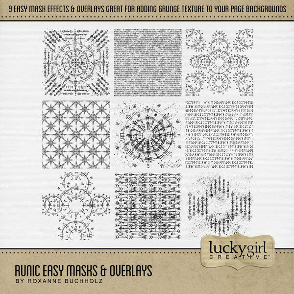 Create your own unique background papers with these stylish Runic easy masks & overlays by Lucky Girl Creative digital art for digital scrapbooking. Fill the textures with your favorite color, photo, or paper. Use for documenting travel and vacations to Scandinavia - Denmark, Norway, Sweden, Finland, and Iceland. In Photoshop, add the photo mask to your page, overlay with your favorite photo, and create a clipping path for a stunning result. This kit is included in the Viking Watercolor Bundle.